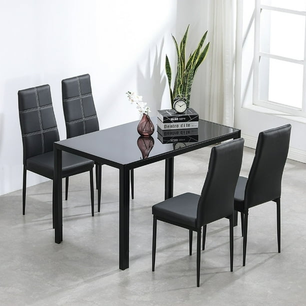 Ktaxon 5 Pieces Modern Glass Dining Table Set Leather With 4 Chairs