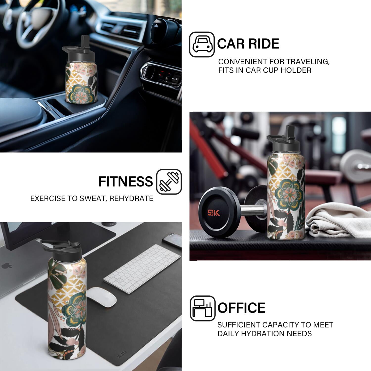 Triple Insulated 32oz Plants Themed Water Bottle with Straw, Stainless Steel Build, Leak Resistant Lids for Sports, Gym, Travel Unisex Use