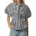 thumbnail image 3 of Striped Button Down Shirts for Women Short Sleeve Pleated Corset Blouse Casual Summer Black Strips S, 3 of 6