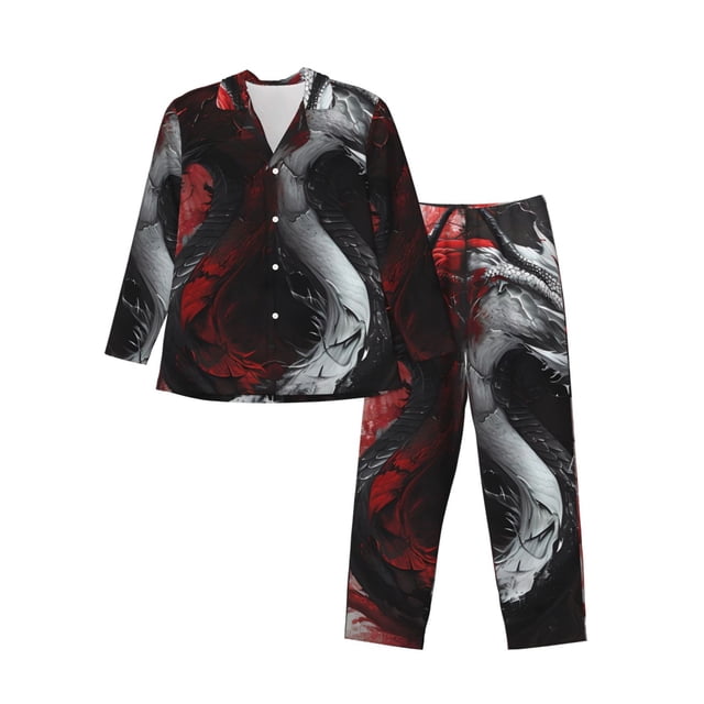 Balery Cool Black And White Dragon Pijama para Hombre de Dos Piezas con Manga Larga, Conjunto de Dormir y Descanso Suave con Bolsillos-Small