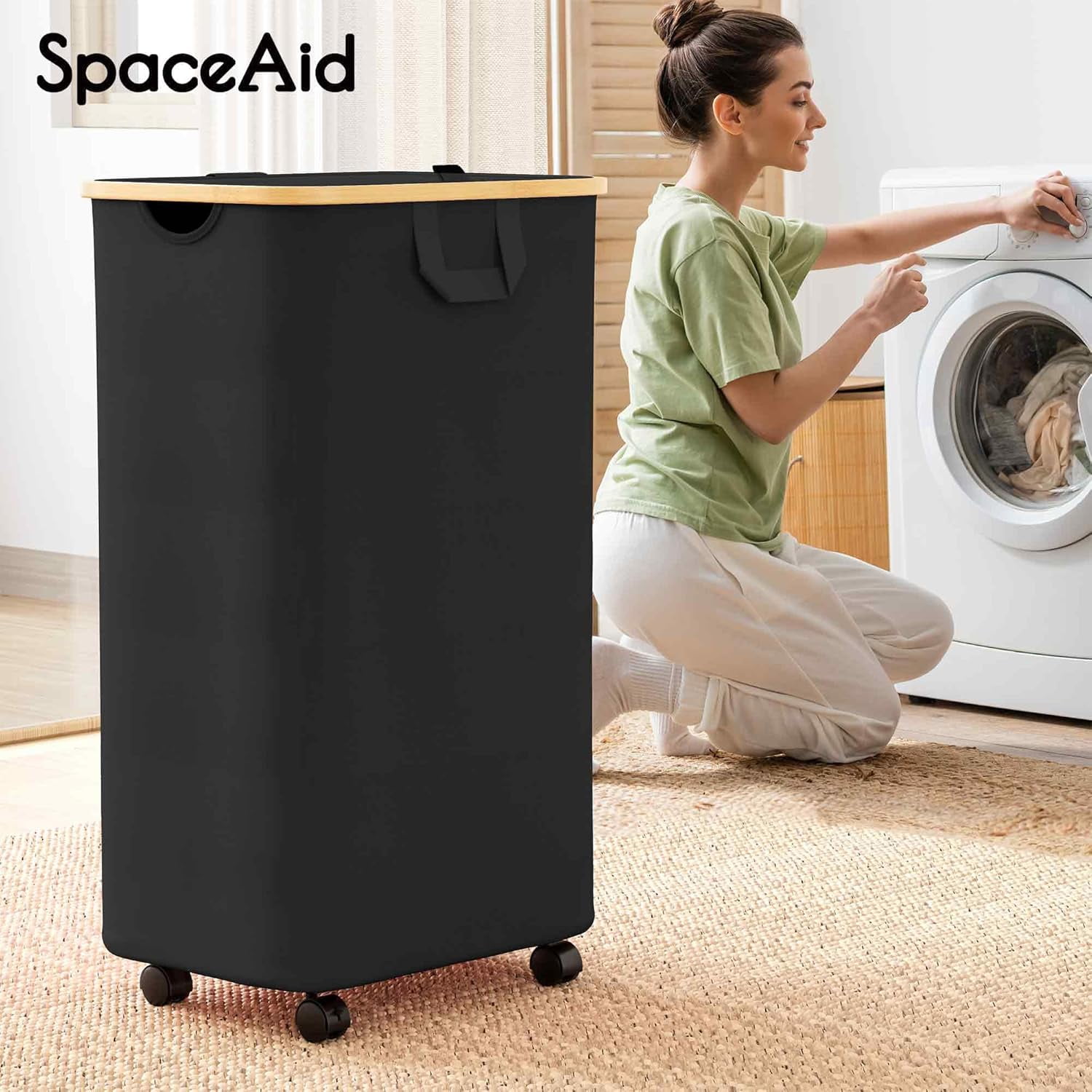 SpaceAid 110L Laundry Hamper with Wheels and Lid, Large Tall Clothes Basket Bin, Black