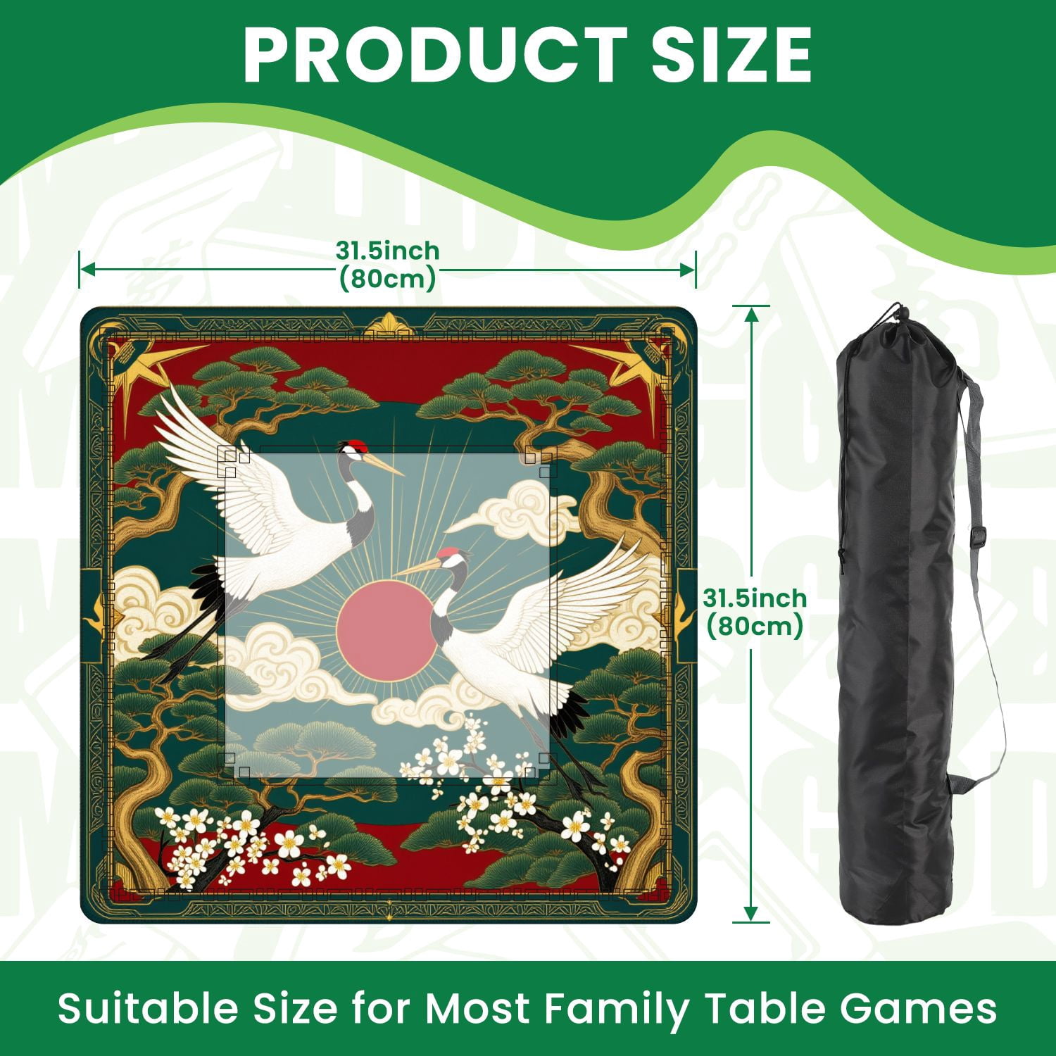 Mahjong Mat 31.5" x 31.5" Elegant Pair Cranes Red Sun Pine Trees Blossoms Traditional Asian Non-Slip Noise Reduction American Mahjong Tiles Table Cover for Dominoes Poker Card Board Games Gift