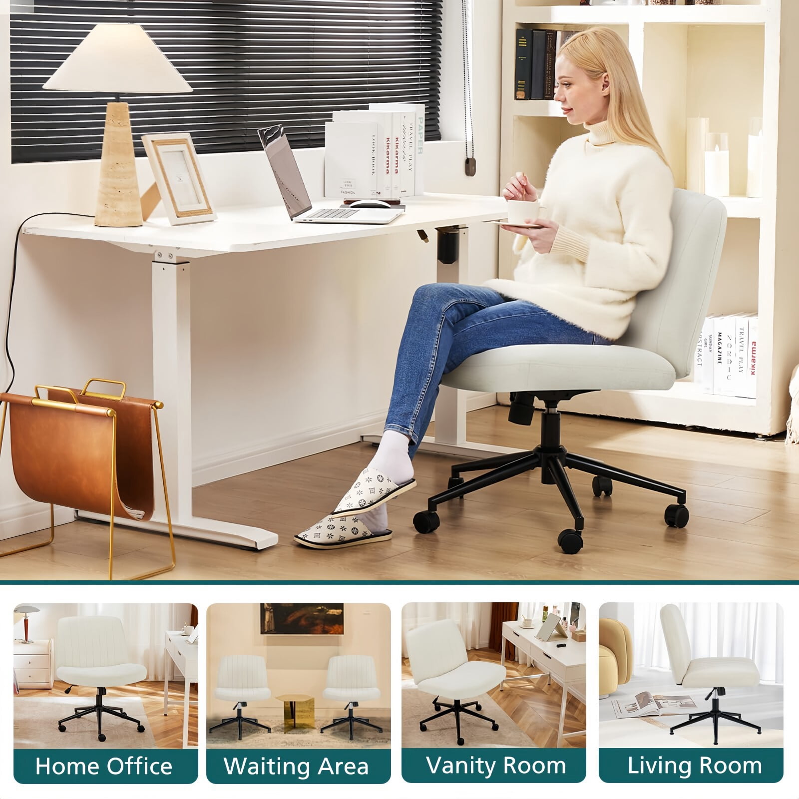Kelno Armless Criss Cross Office Chair with Wheels 300lb Capacity Wide Seat Cross Legged Desk Chair Height Adjustable Swivel Vanity Chair, Beige Linen