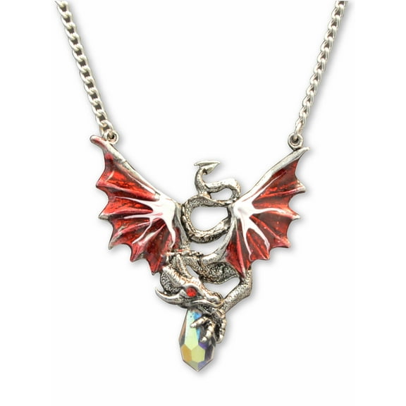 Red Dragon Holding Crystal Medieval Renaissance Pendant Necklace by Real Metal NK-489