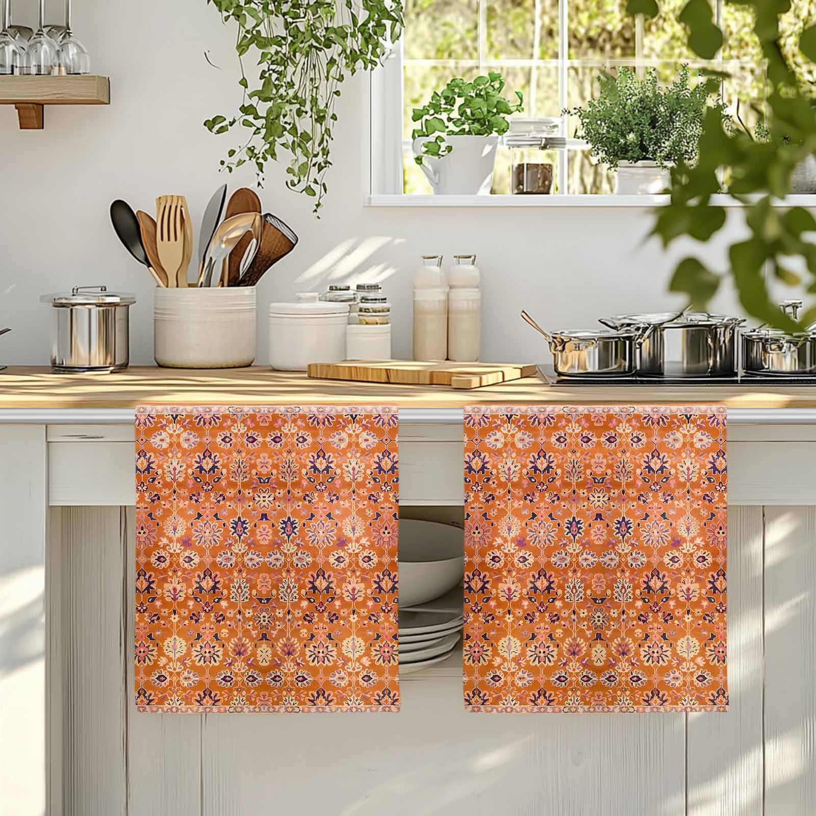 Boho Orange Kitchen Towels Set of 2, Country Style Bohemian Floral Retro Tribal Absorbent Dish Towels for Kitchen, Microfiber Hand Towel, Quick Drying Tea Towel for Cleaning Decorative Dishcloths