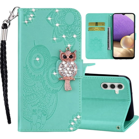 Rhinestone Glitter Flip Wallet Case for Samsung Galaxy S24 Plus (Not S24) for Women, Crystal Diamond Owl with Card Slot Cash Pockets Cover Case for Samsung Galaxy S24 Plus MTY-Green