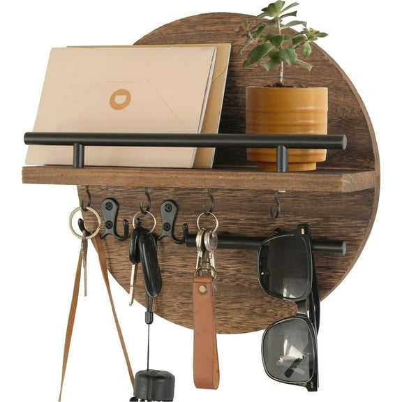 HofferRuffer Key Holder for Wall Decorative with Shelf and Hooks, Wood Round Mail Organizer Wall Mount with Holder, Rustic Home Entryway Key Rack Hanger, Brown