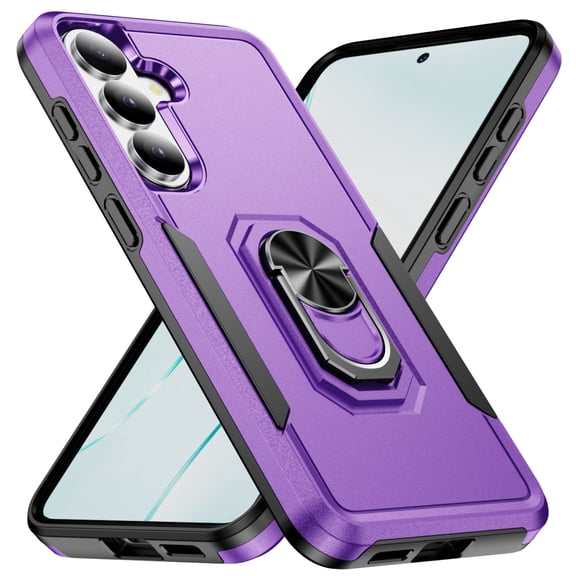 ELEHOLD Rugged 360° Rotating Metal Ring Stand Kickstand Function Support Magnetic Car Mount Holder Shockproof Protective Case For Samsung Galaxy A27, Purple/Black