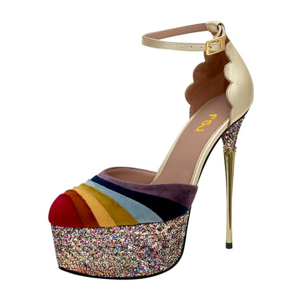 FSJ Women Graceful Stiletto Platform High Heel Pumps Ankle Strap Rainbow Round Closed Toe D'Orsay Sandals Dress Wedding Shoes Size Size 8 Gold