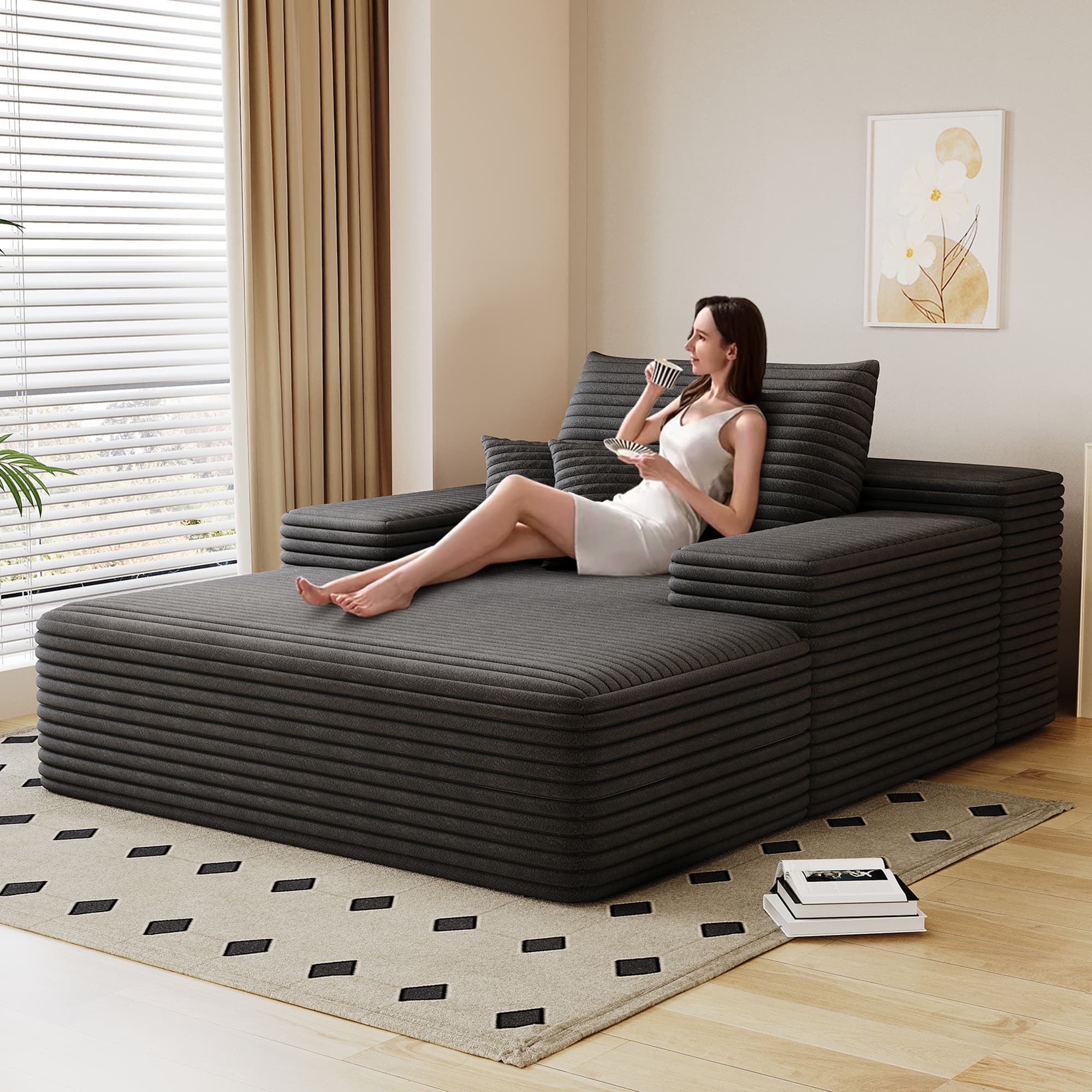 MAYEERTY 68"×51" Chaise Lounge Dark Gray Plush Faux Fur Oversized Sofa Bed Living Room