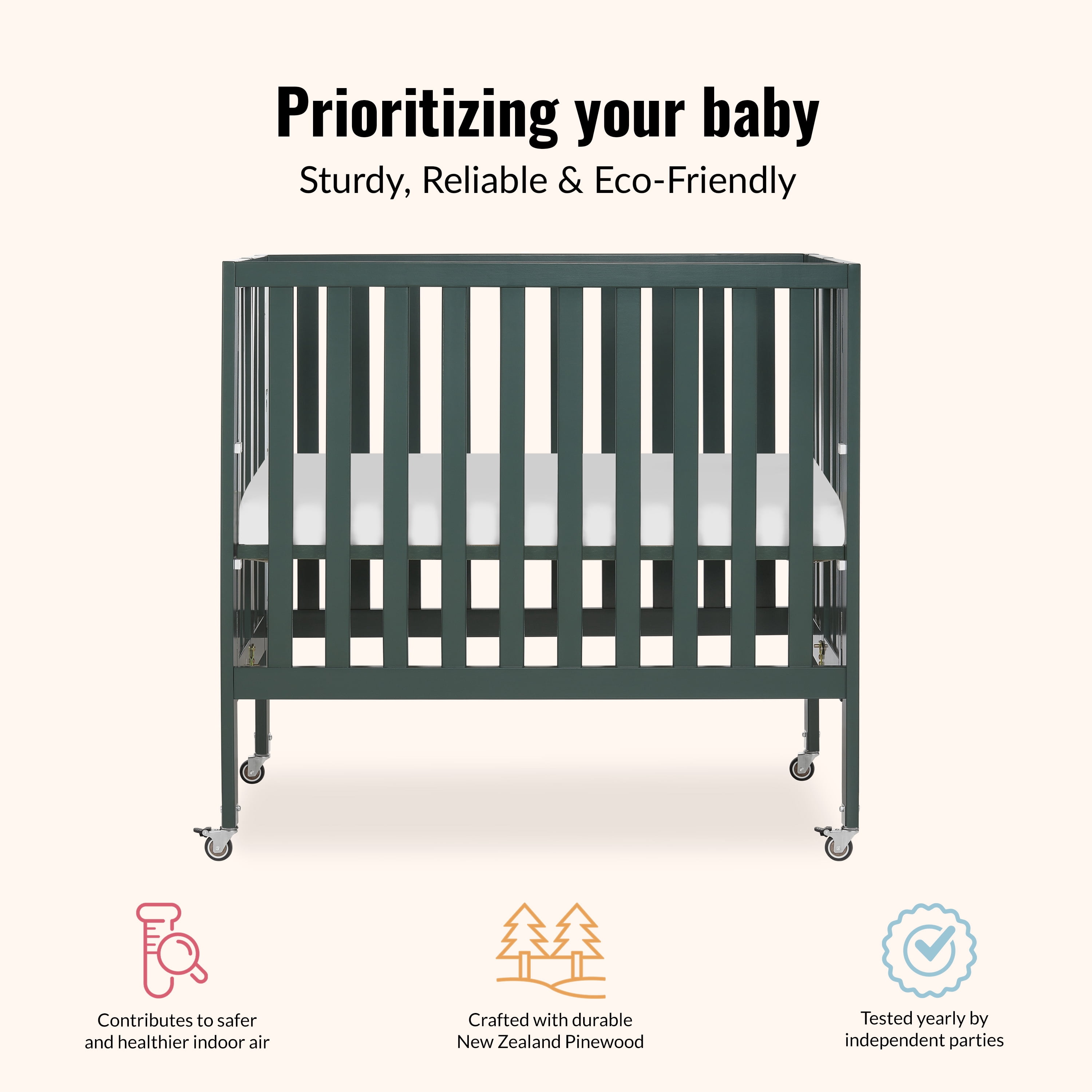 Dream On Me Jett Non-Full Size Folding Crib, Removable Wheels, Modern Nursey, Adjustable Mattress Support, Patent Folding System, Included 2.5” Mattress In Olive