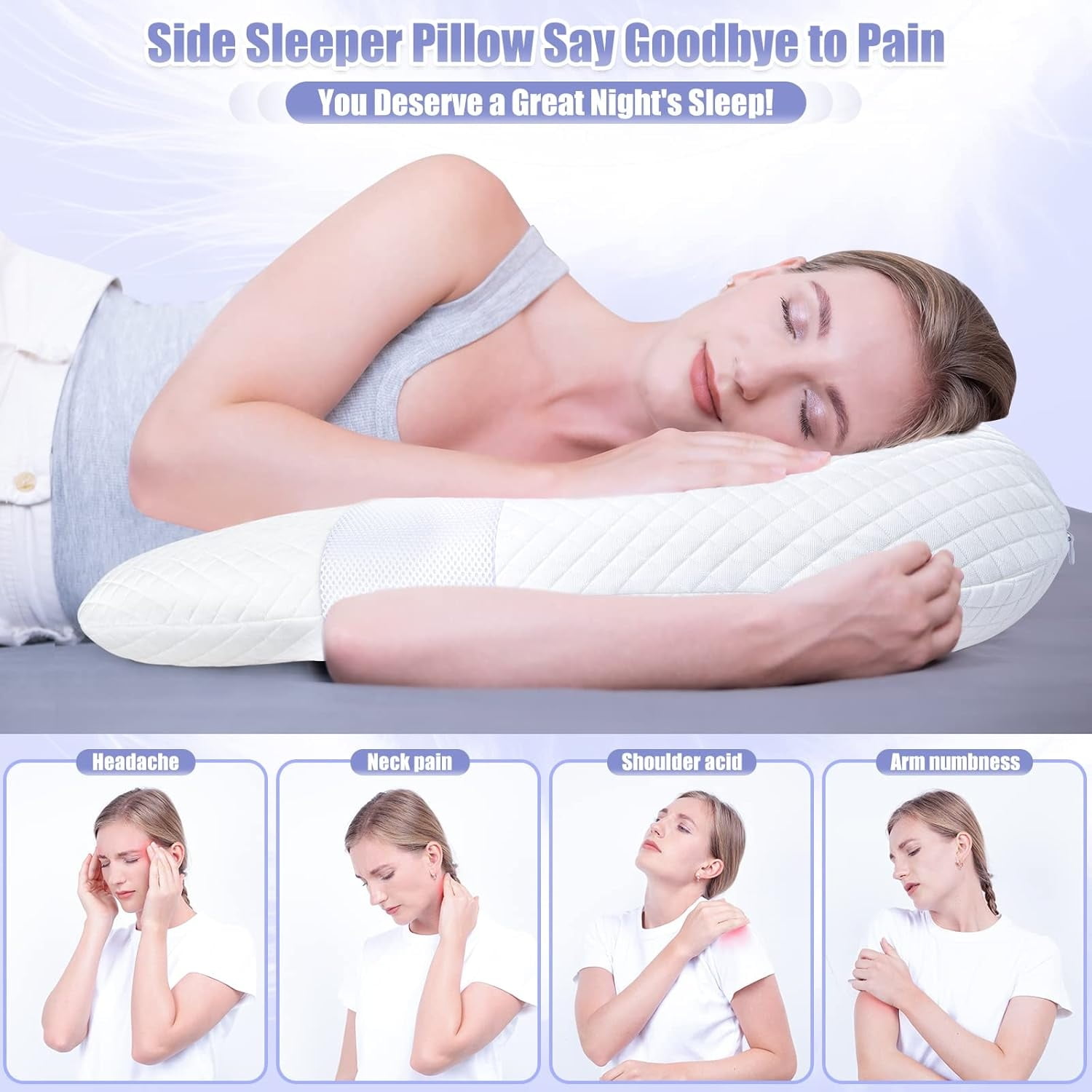 Side Sleeper Pillows for Adults, U Shaped Body Pillow for Pain Relief, Orthopedic Memory Foam Shoulder Pillow for Side,Stomach, Back, Arm with Removable Washable Cover (Upgraded Version),White