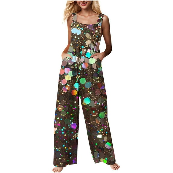 Idoravan Fashion Jumpsuit for Women Jumpsuit for Women Sleeveless Women's Printed Jumpsuit Casual Button Pocket Sleeveless Wide Leg Trousers