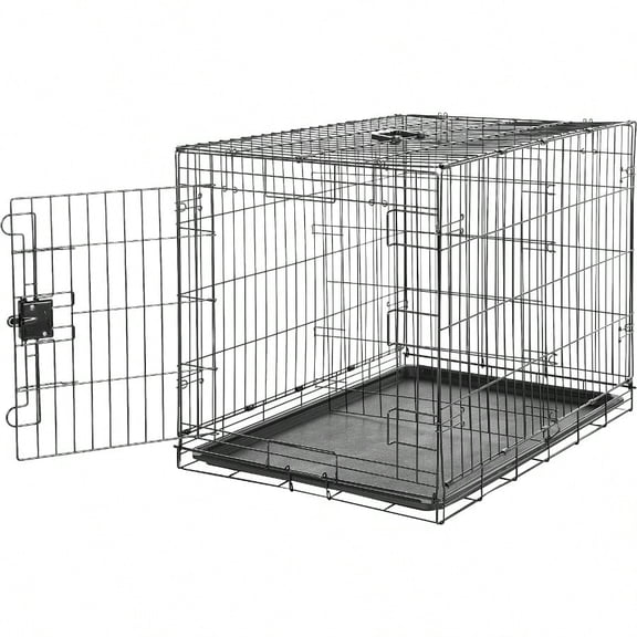 Durable Foldable Collapsible Portable Metal Wire Dog Crate With Tray Single Door With Divider Panel Easy To Assemble Clean 36 X 23 X 25 In Black