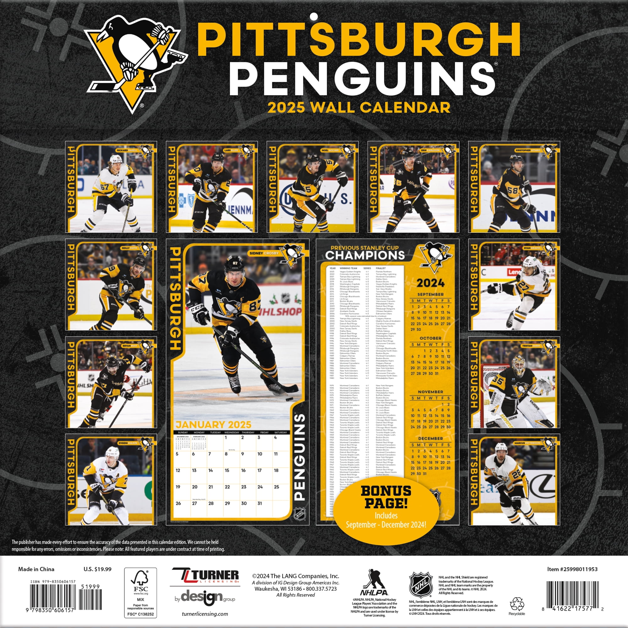 2025 12X12 TEAM WALL CALENDAR, PITTSBURGH PENGUINS
