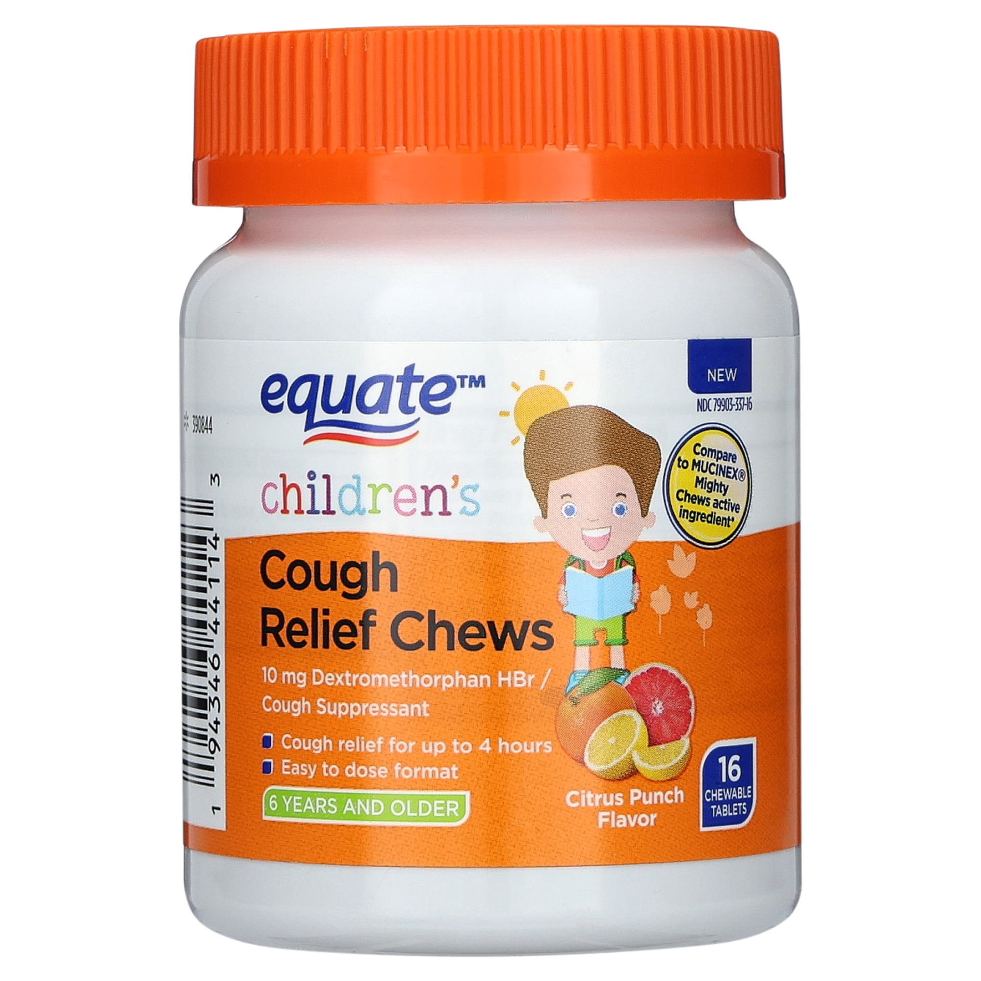Equate Children's Cough Relief Dextromethorphan HBr Chewable Tablets, Citrus Punch Flavor, 10 mg, 16 Count