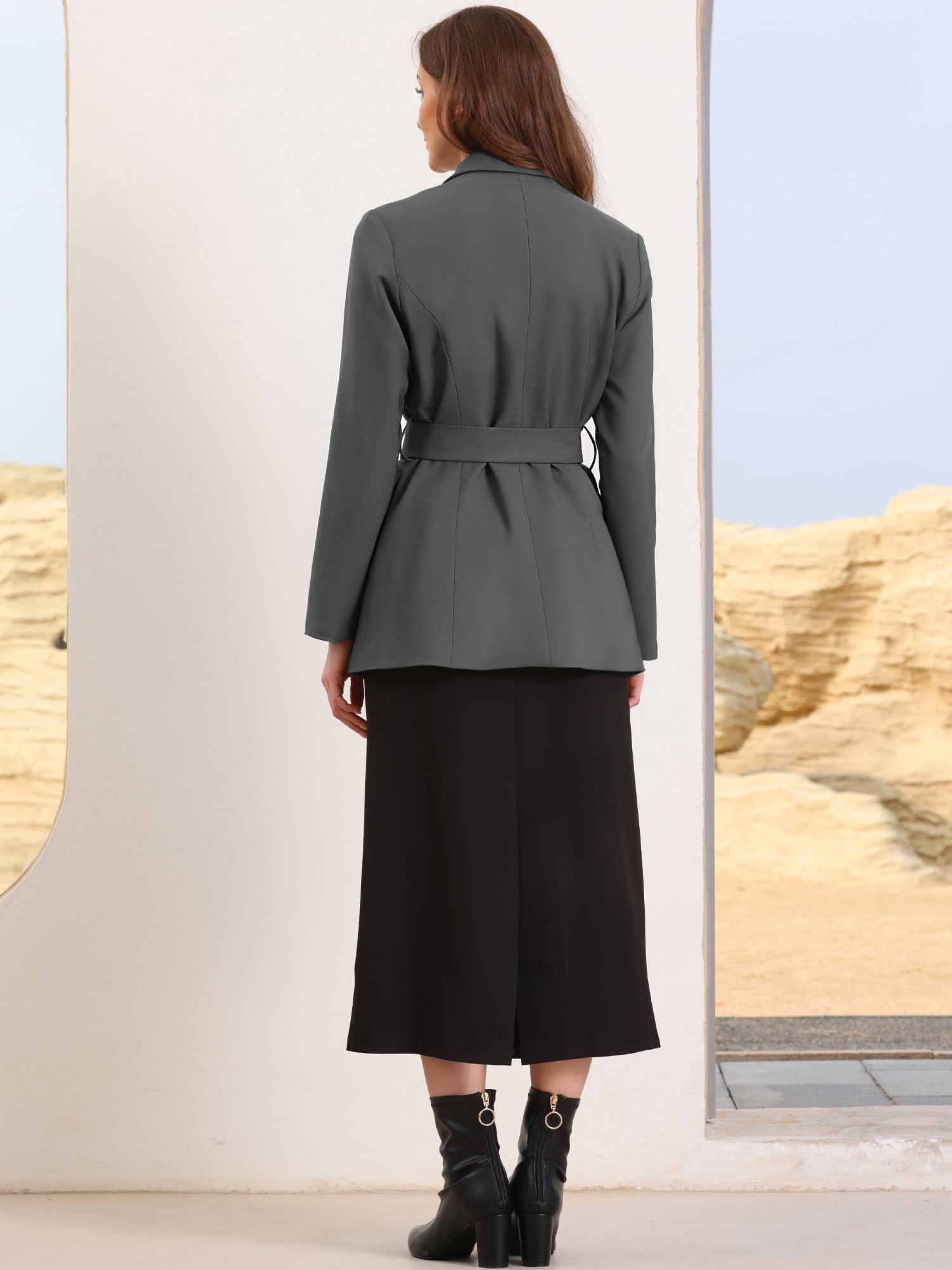 DARING DIVA Women's Long Sleeve Belted Long Blazer Suit Jacket XL Dark Gray