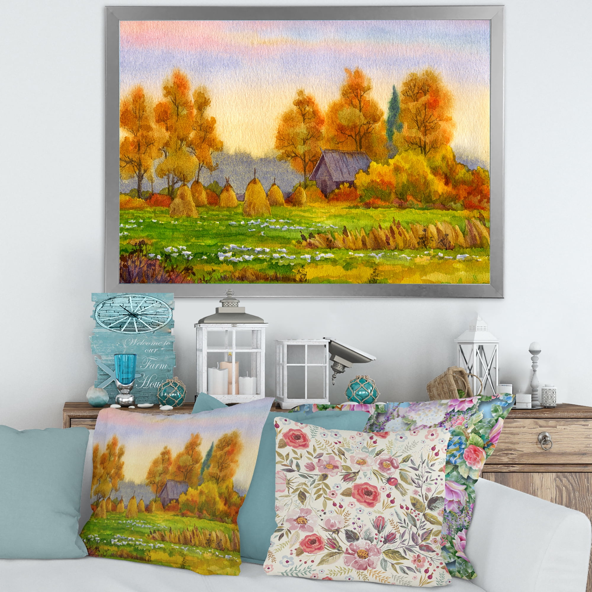 Designart 'Orange Fields With Haystacks I' Lake House Framed Art Print