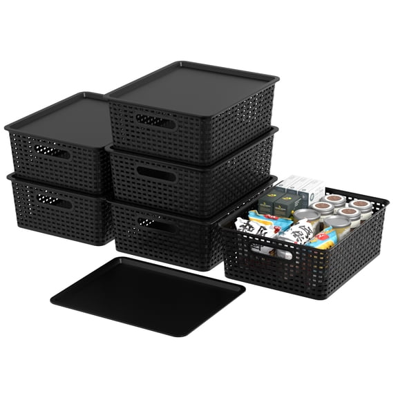 Yuright Plastic Lidded Storage Baskets, Black Organizer Basket Set, 6 Pack