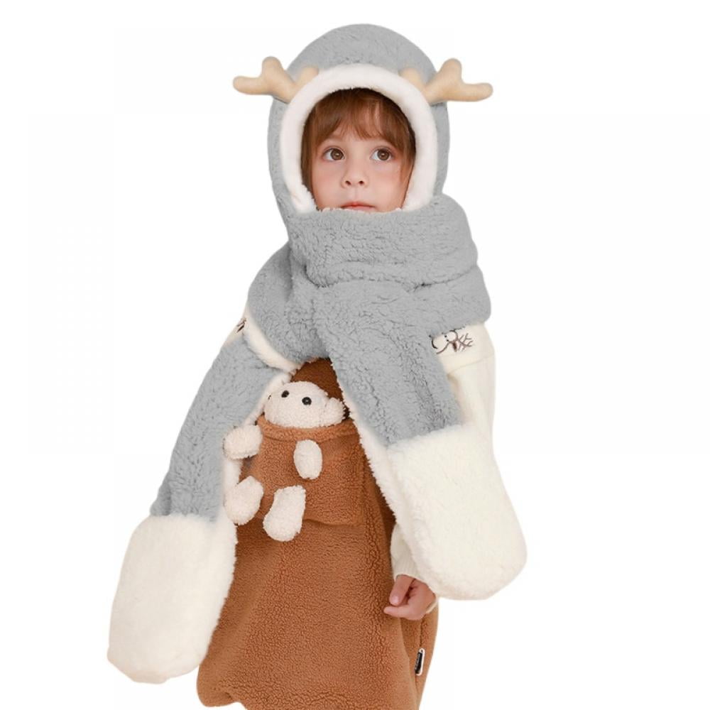 Kids Teens Girls 3 in 1 Warm Plush Fluffy Cartoon Winter Hats Scarf Mitten Gloves with Pockets Hoodie Cap Costume Gift Greenery-shop