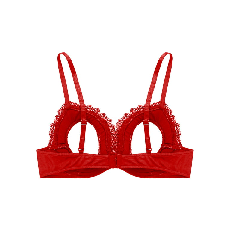 DPOIS Womens Sheer Floral Lace Hollow Out Nipple Bra Top Red-A L 