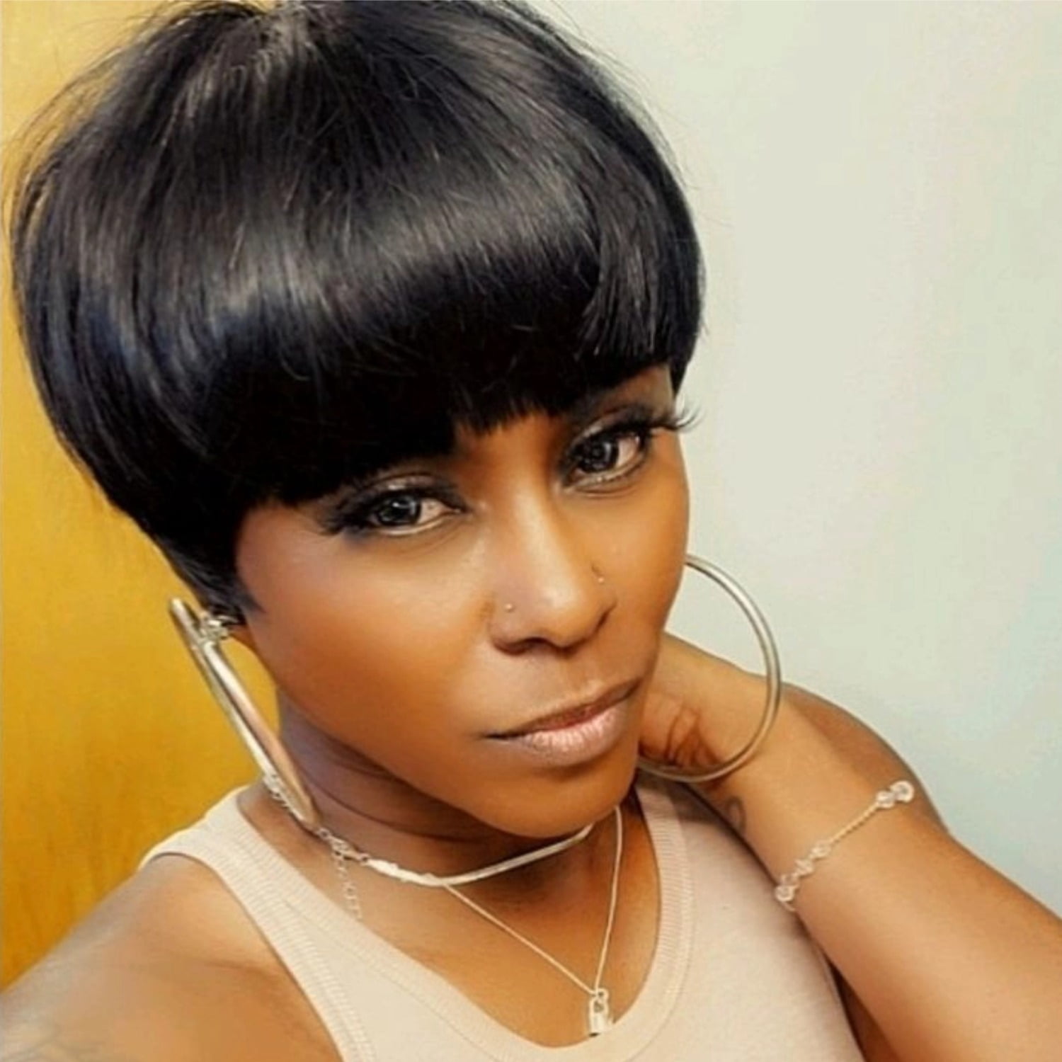 Short Straight Pixie Cut Wig Ombre 1B# Human Hair With Bangs 150% Density Full Machine Made Wigs For Women