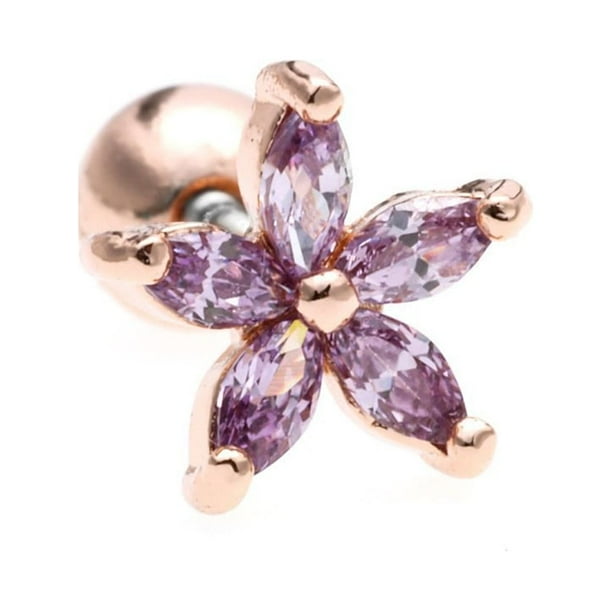 1pcs 18K Pendientes De Oro Amatista Flor Estrella Stud Hojas Cuelgan Acero Médico Piercing Joyería