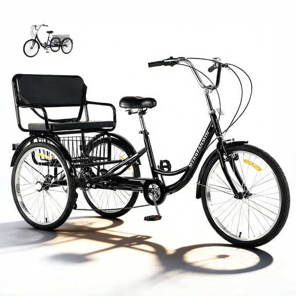 MENGFANMIN Adult Tricycle 7 Speed, 24 Inch 3 Wheel Bikes Extended Rear wheelbase Trike with Back Seat and Basket,for Women、Seniors Maximum Load 550lbs