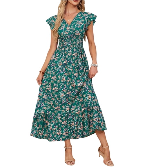 Delconic Women’s Short Sleeve V Neck Floral Print Maxi Dress Lightweight Flowy Casual Summer Long Dress for Daily Wear Army Green L