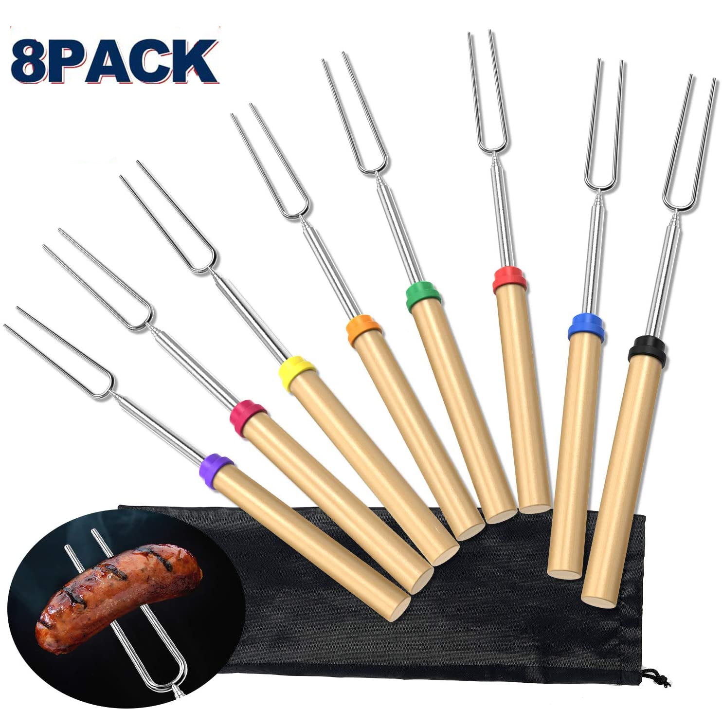 BBQ Marshmallow Roasting Sticks Extendable 32” Telescoping Rotating Forks 5 Piece set with Bonus 5 Interchangeable Heads Fire Pit 10 Bamboo Skewers and Storage Bag By Kitchenson Campfires Camping 