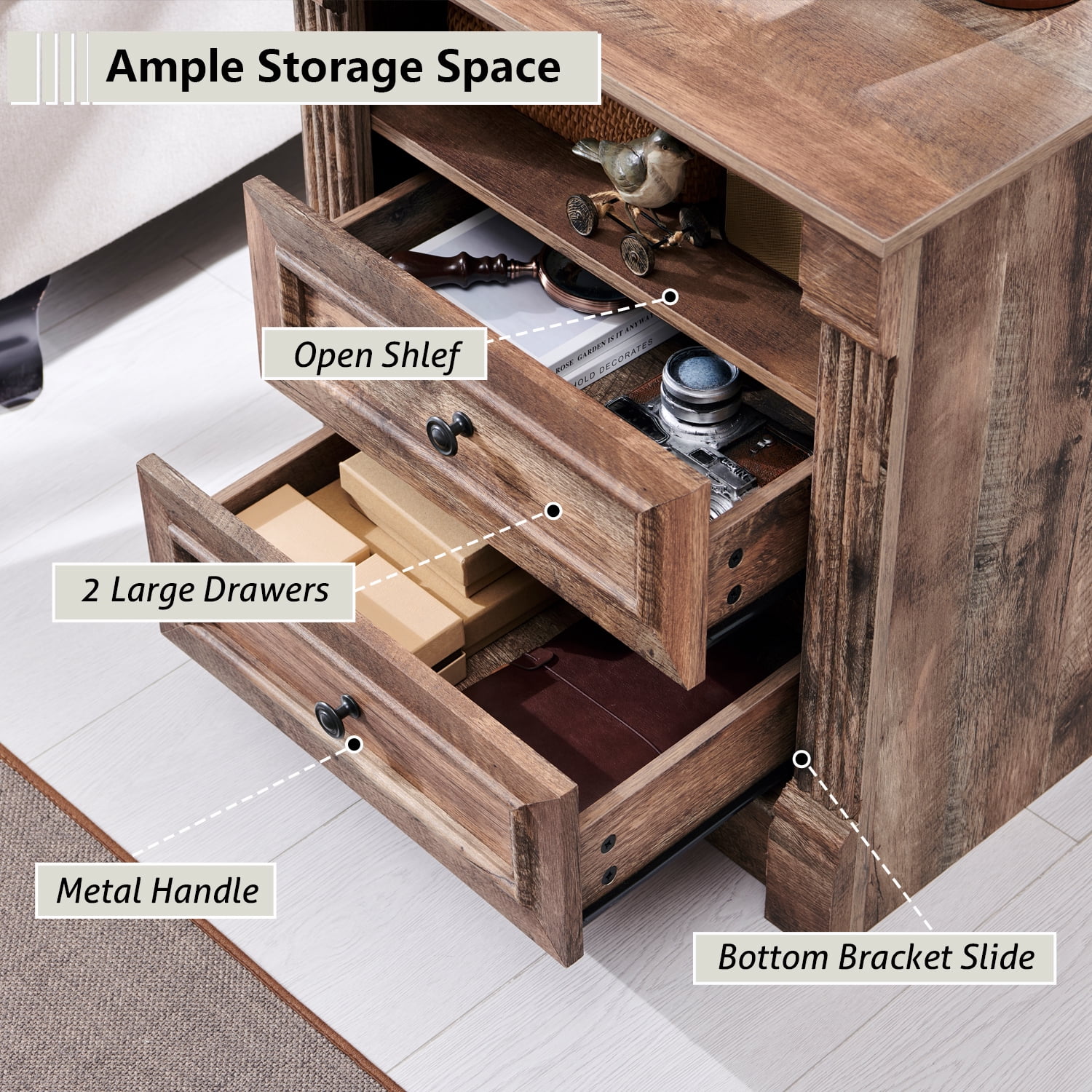 wow97e Farmhouse Nightstand, 2 Drawers End Table w/Charging Station, Roman Column, Wood Rustic Bedside Table w/Open Shlef for Bedroom