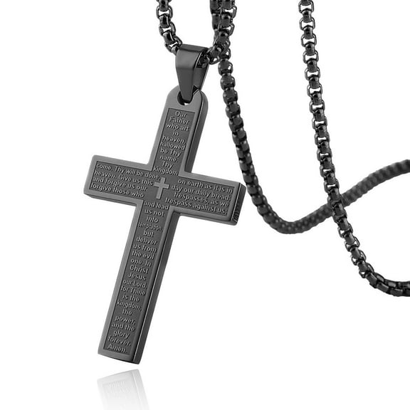 HZMAN Stainless Steel Mens Womens Cross Necklace Lord's Prayer Pendant, 4 Colors Available (Black)