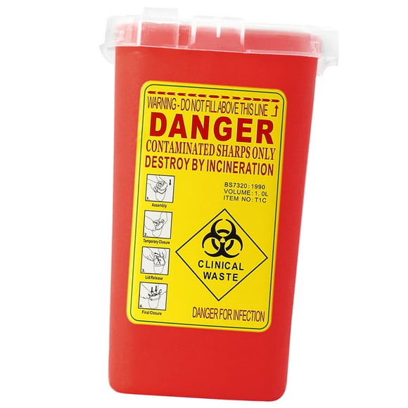 Red Sharps Bin Waste Disposal Container with Locking Lid 1.0L
