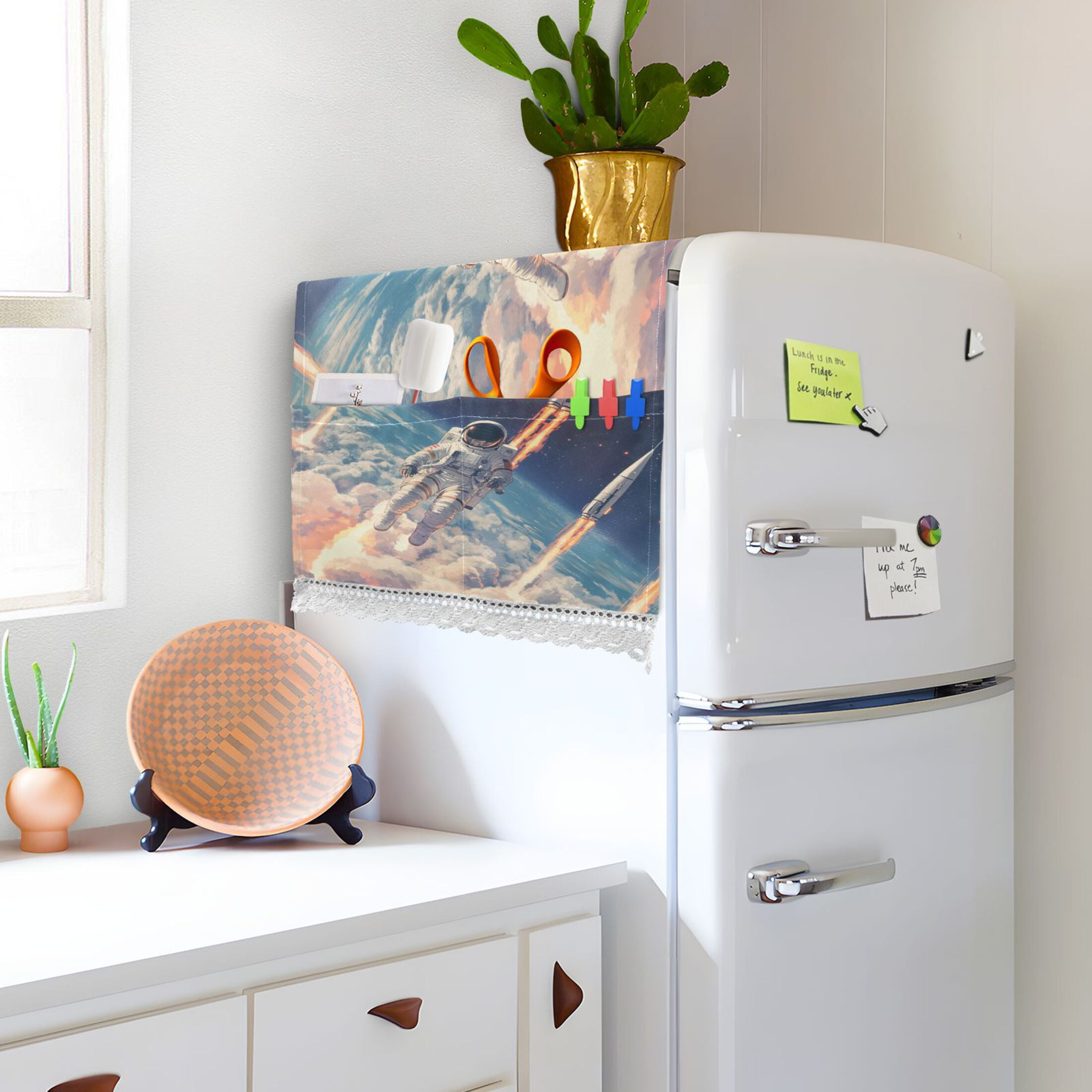 Astronauts Fly Into SpaceWasher and Dryer Covers Dust-Proof and Oil Resistant Fridge Cover with 4 Storage Pockets Washing Machine Top Cover for Laundry Kitchen Home 51.2 x 22 In