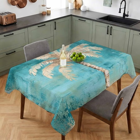 Rectangle Tablecloth,Blue Teal Coastal Palm Tree Waterproof Oil-Proof Table Cloth Kitchen Dining Tables Cover for Indoor Outdoor Wedding Holiday Party Decor,Retro Oil Painting