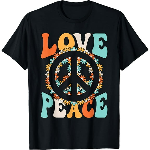 Love Peace Sign Hippie Flower Groovy 60s 70s Party Outfit T-ShirtMen and women, Black T-shirt, size: Extra large