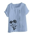 thumbnail image 4 of Taqqpue Cotton Linen Tops for Women Loose Fit Casual Roll Up Short Sleeve T-Shirt Trendy Cute Floral Print Blouse Crew Neck Buttons Shirts, 4 of 4