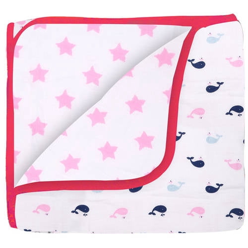 Bacati Nautical Whales/Boats/Stars Girls Pink/Navy 100 Percent Cotton Breathable Muslin 3pc Crib Set with 4 Layer Lux Breathable Muslin Blanket Crib Fitted Sheet and Crib Skirt For US Standard Cribs