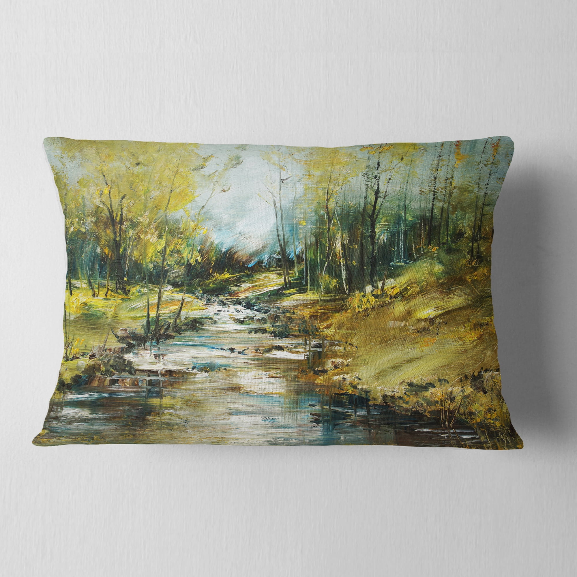 Designart Creek in the Forest Oil Painting - Landscape Painting Throw Pillow - 12x20