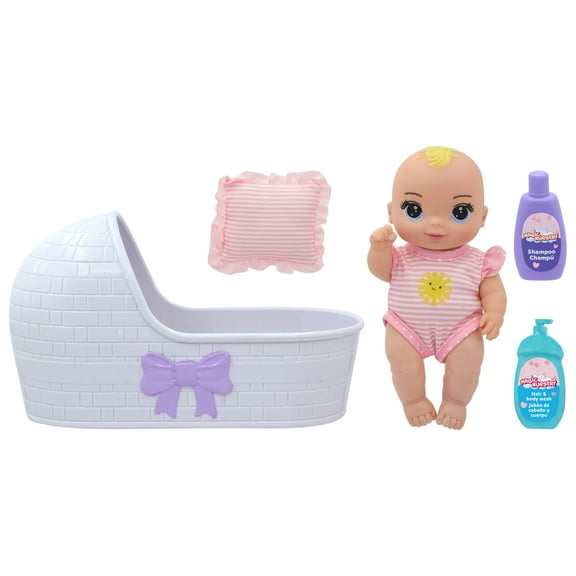 Magic Nursery: 8" Baby Doll & Bassinet Gift Set - Sun, Pink, White - Bed & Pillow, Hard Body, 2 Care Bottle Toy Accessories, Kids & Toddlers Age 2 