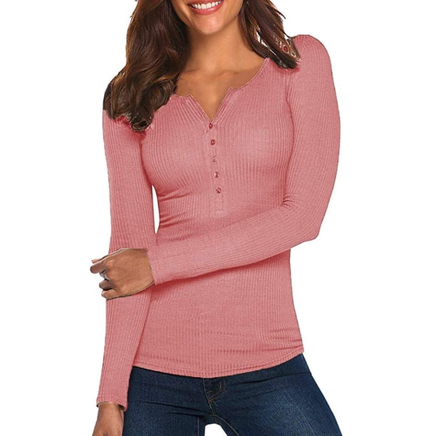 Jersey de mujer, camiseta ajustada de manga larga con cuello henley acanalado de color liso XBTCLXEBCO XXL;Rosado