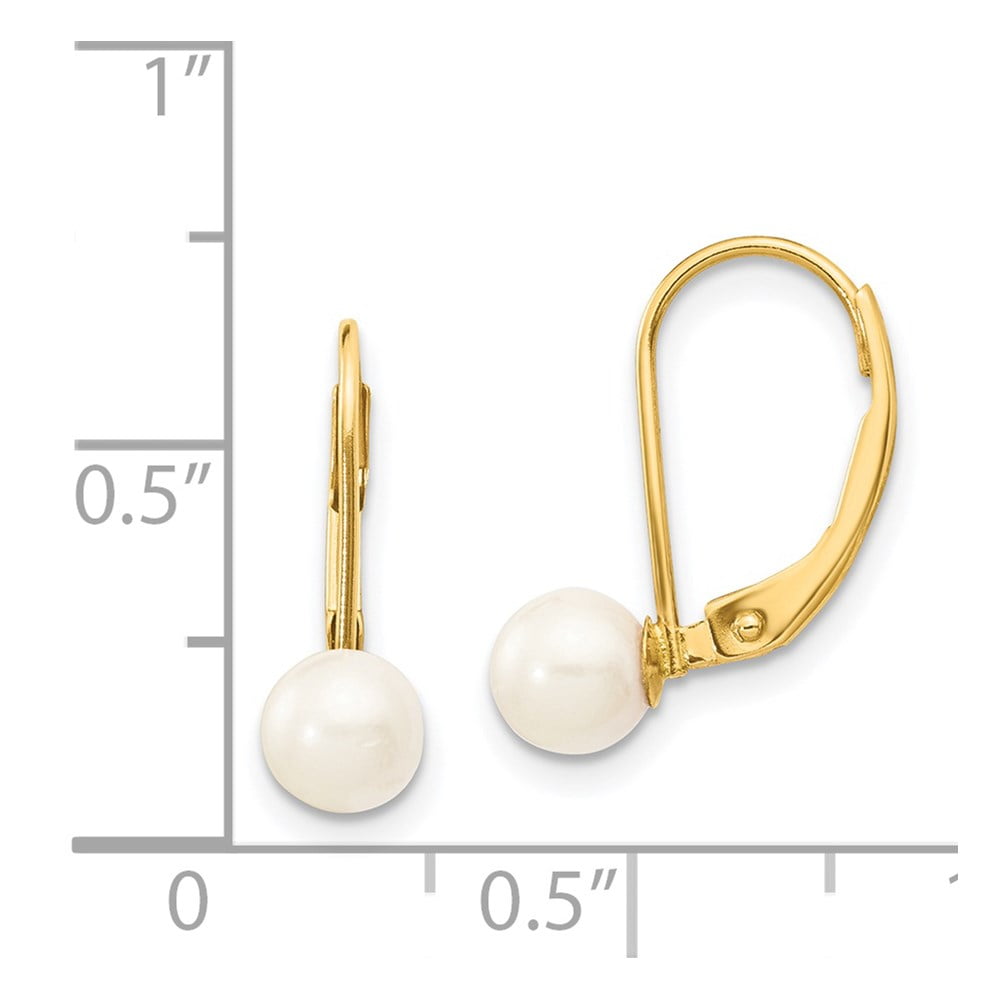 Real 14kt Yellow Gold 5-6mm White Round Saltwater Akoya Cultured Pearl Leverback Earrings; for Adults and Teens; for Women and Men