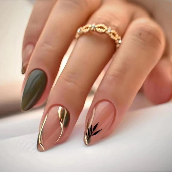 French Tip Press on Nails Medium Almond Fake Nails Press ons with Designs Chrome False Nails Long Glossy Full Cover Glue on Nails Cute Acrylic Stick on Nails for Women Nails Manicure Decoration 24Pcs