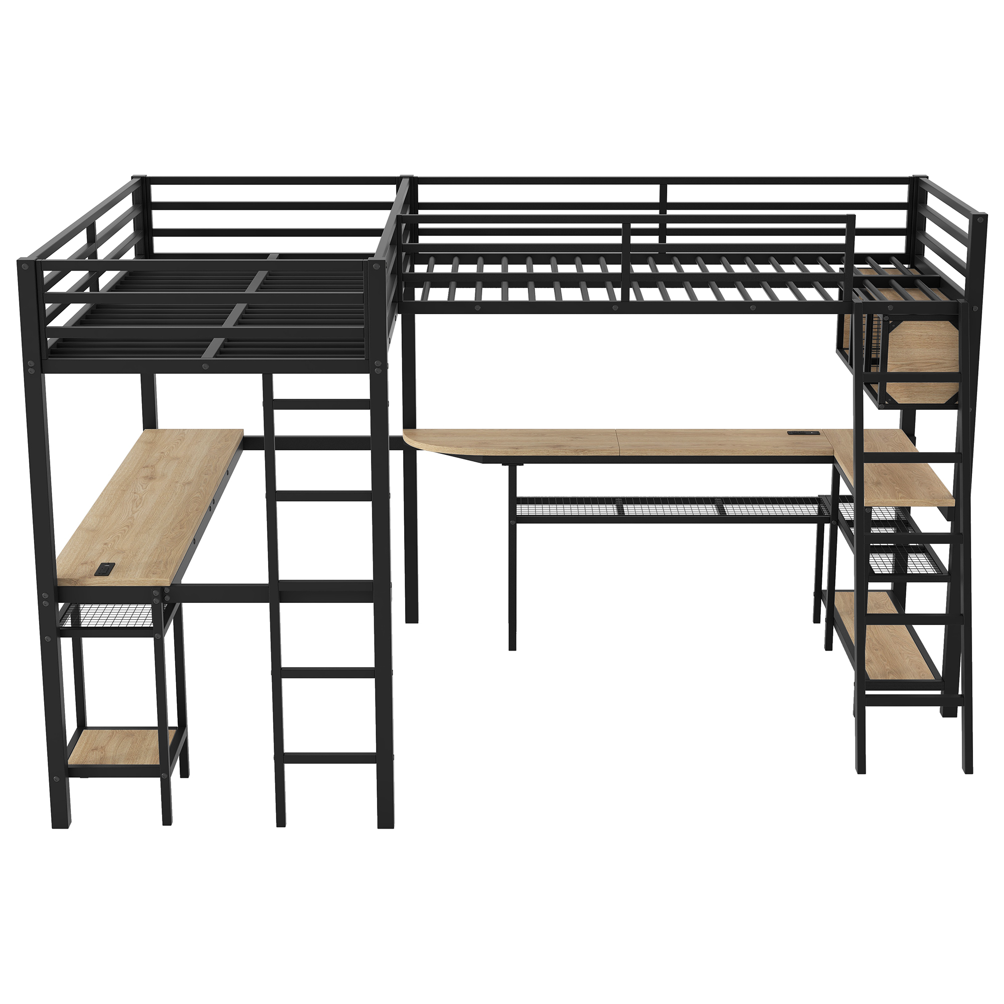 Euroco Twin L-Shaped Metal Loft Bed with Built-in Study Desk and Shelves, Gaming Bed with LED Light and USB Charging, Black