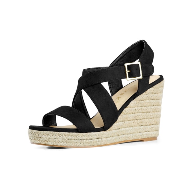BLISSFUL STEP Sandales Compensées Espadrilles pour Femmes à Bride Cheville Croisée Noir 10