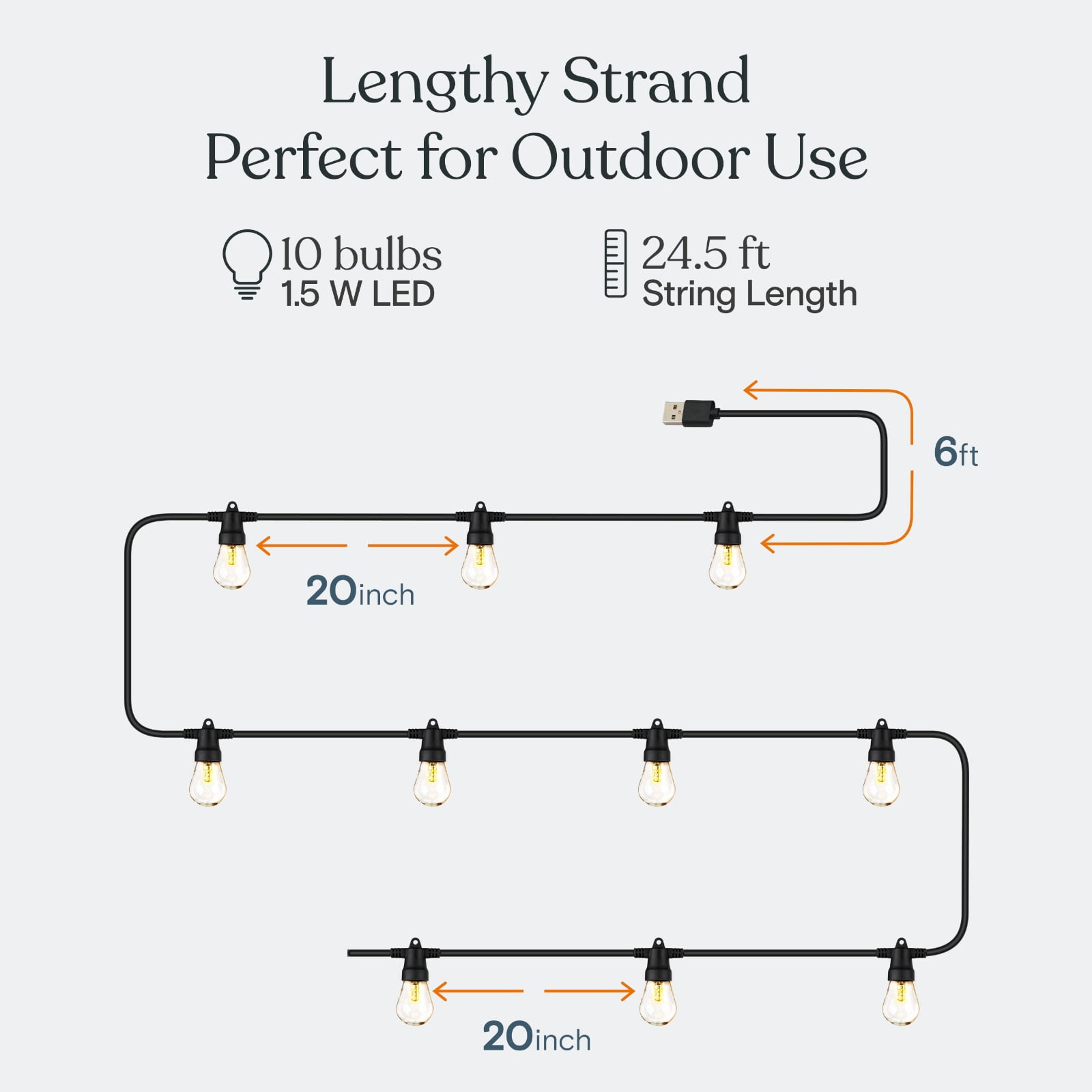 Brightech Ambience Pro USB Powered LED Outdoor String Lights 24 ft, Waterproof Shatterproof 1W Edison Bulbs for Camping, Backyard, Porch, 2700K Soft White