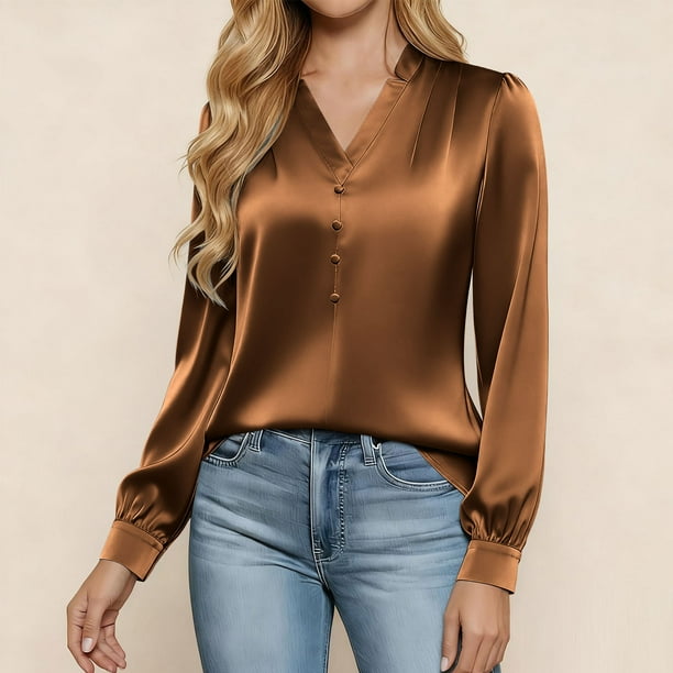 Ounisa Women's Blouses Dressy Casual Satin Silk Long Sleeve Shirts Business Casual Tops