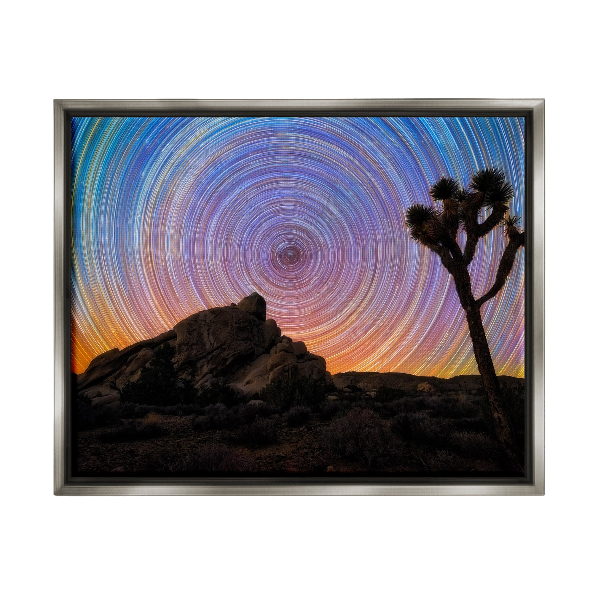 Stupell Industries Kaleidoscopic Swirl Pattern Sky Desert Tree Silhouette Graphic Art Luster Gray Floating Framed Canvas Print Wall Art, Design by Lincoln Harrison