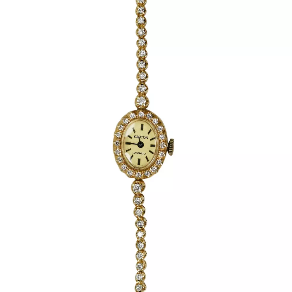 Pre-Owned Croton 14K Yellow Gold Diamond Watch Unisex Vintage, 1.00 TDW, 16g