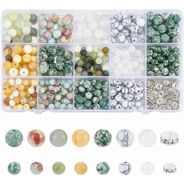 Kit de 460 cuentas de piedra natural, 16 cuentas espaciadoras redondas sueltas de piedras preciosas de 6 mm para hacer joyas, pulseras, collares, pendientes y manualidades.